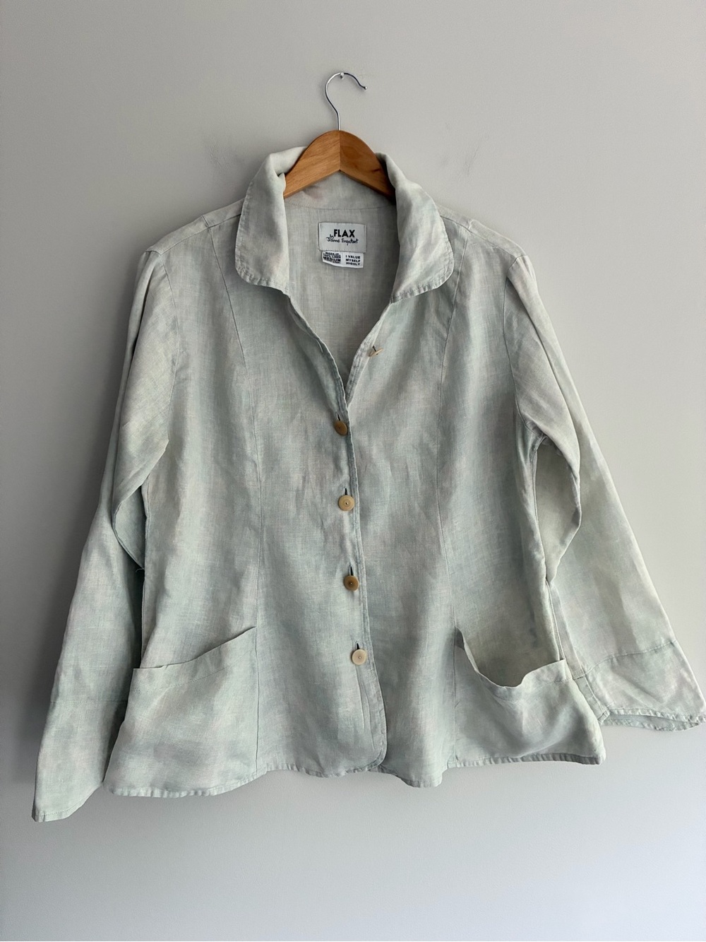Flax by Jeanne Engelhart Light Sage Linen Button-Front Blazer Medium